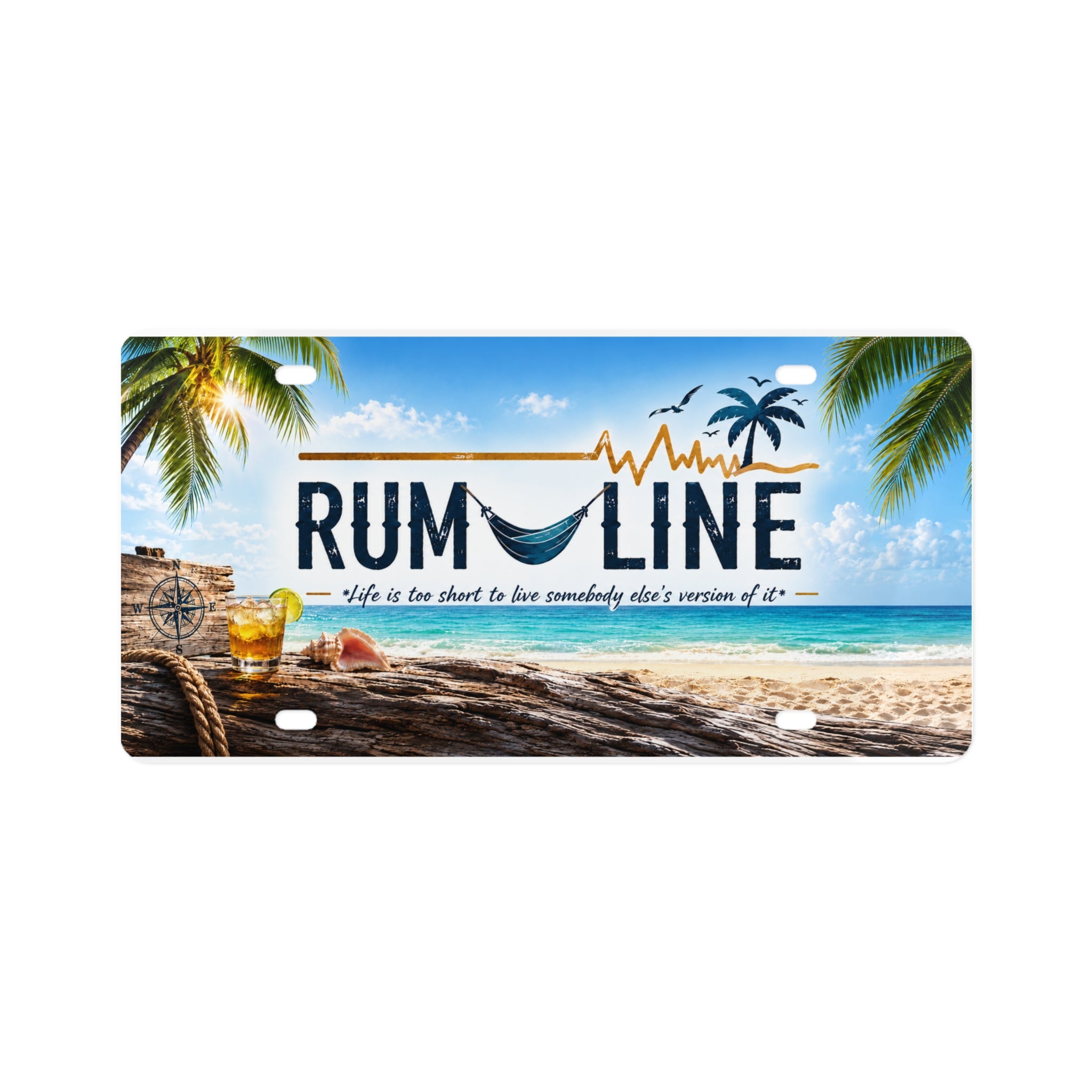 Beach “Rum-Line” License Plate – Tropical Palm & Cocktail Car Tag