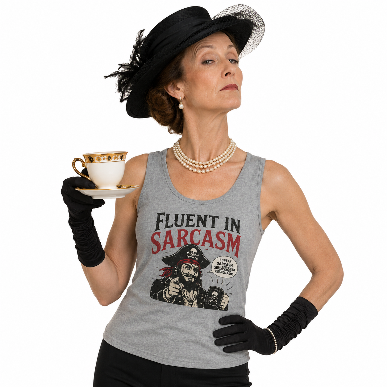 Fluent in Sarcasm Tank Top | Pirate Skull Illustration, Funny Sarcastic Quote Tank Top