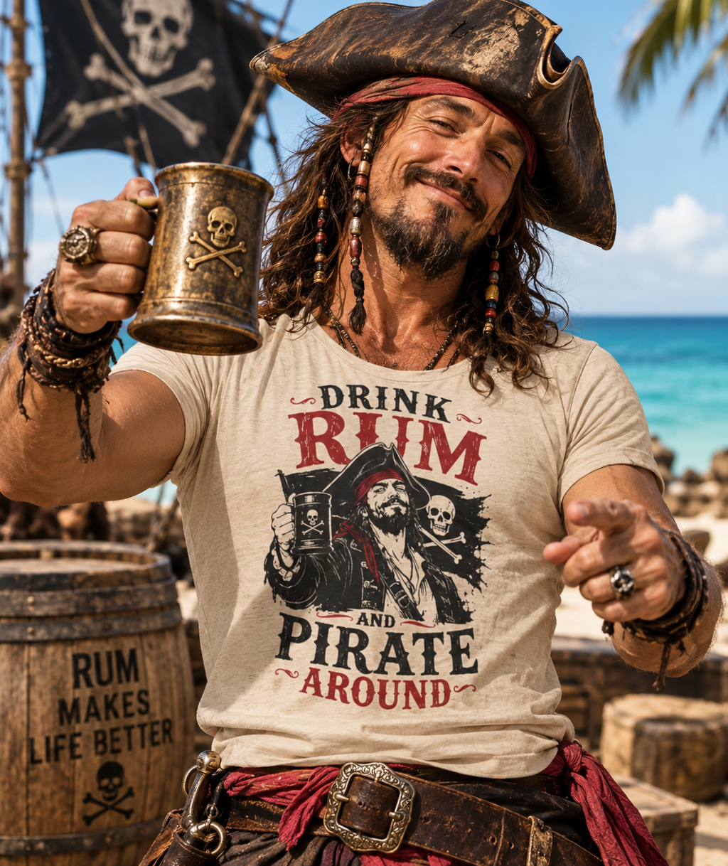 Drink Rum and Pirate Around T-Shirt | Pirate Skull Captain Illustration Tee Shirt