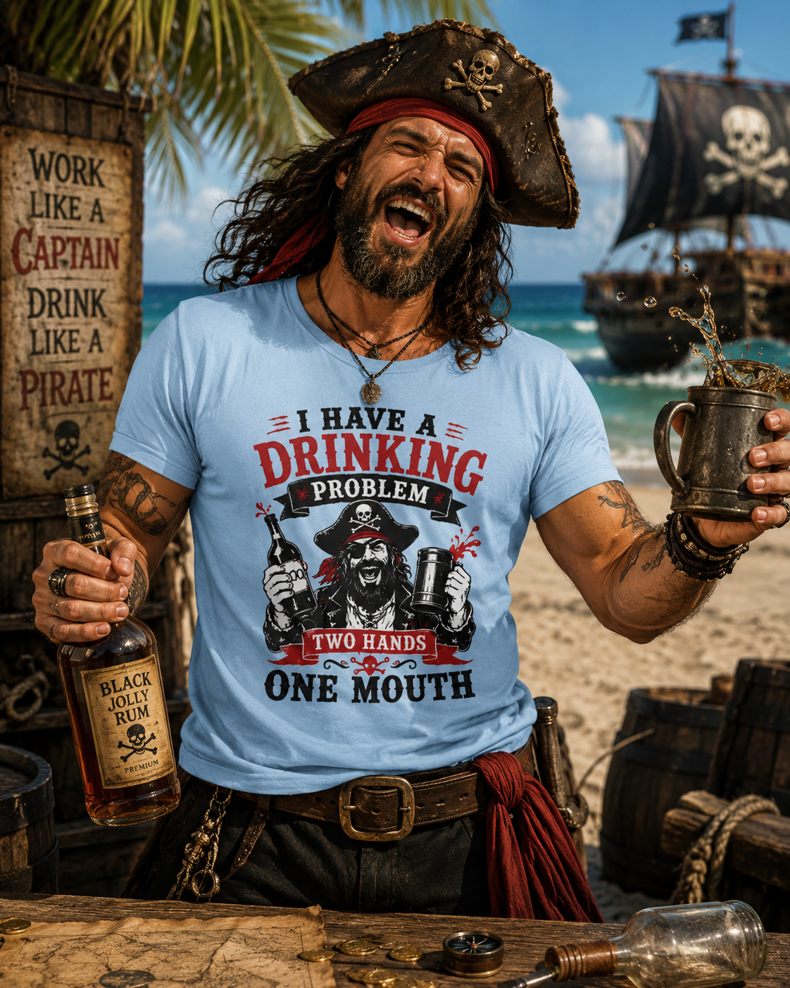 I Have a Drinking Problem skull pirate holding bottles T-Shirt | Funny Bar Drinking Tee Shirt