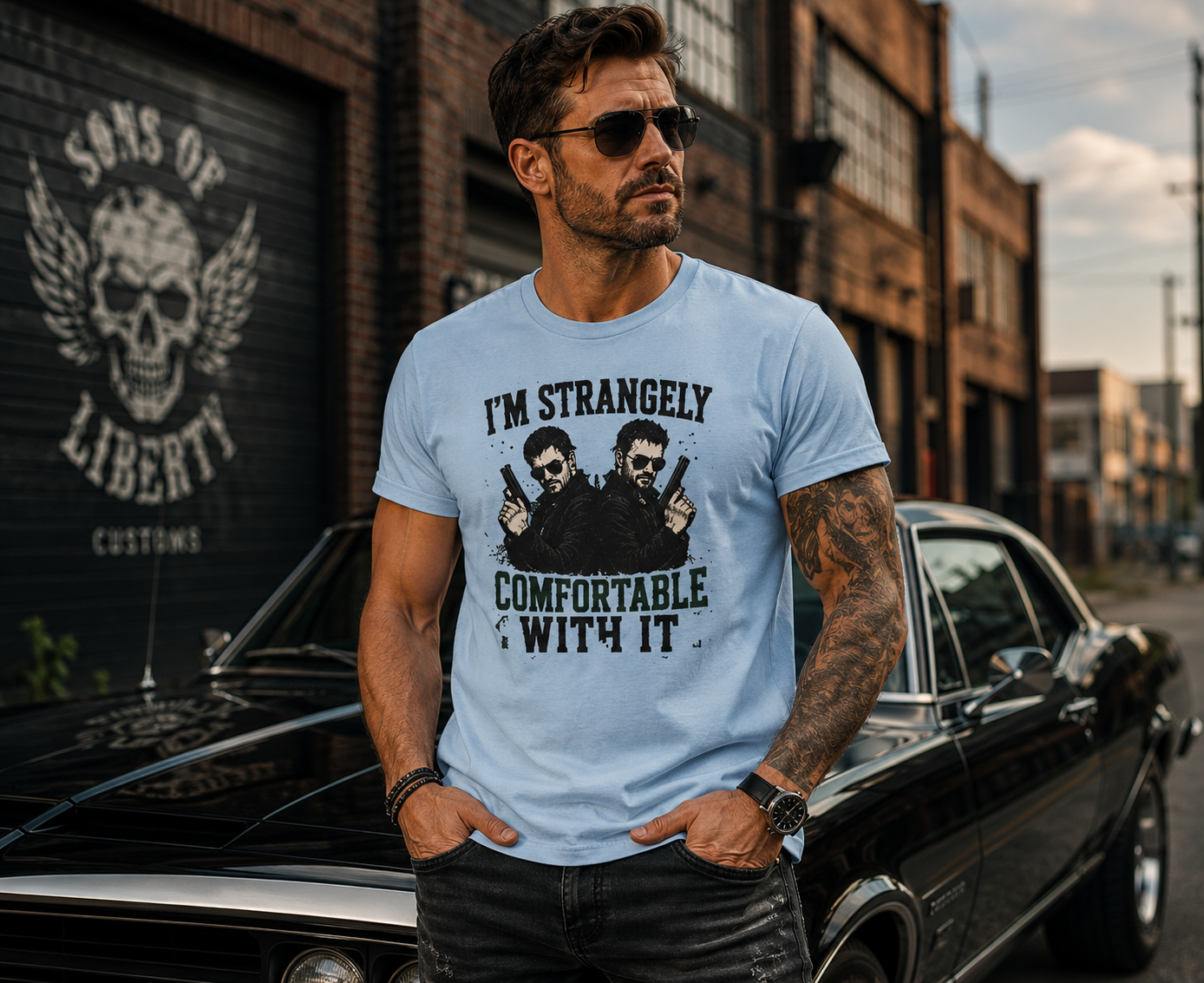 I’m Strangely Comfortable With It T-Shirt | Twin Guns Graphic Tee