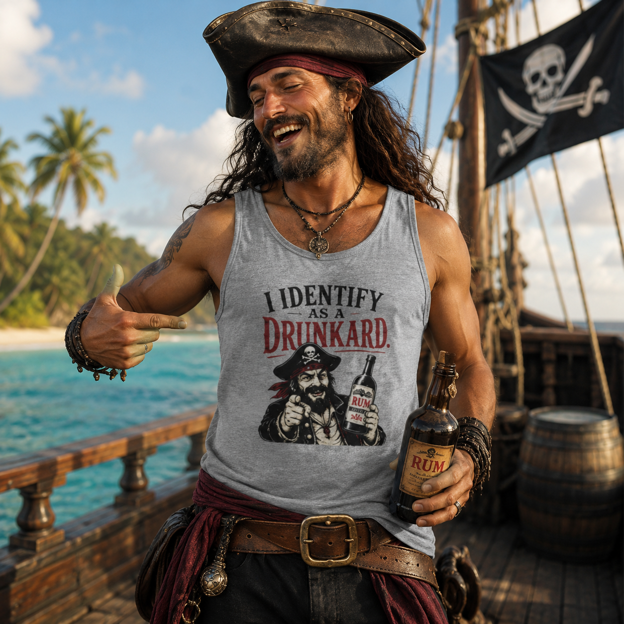 I Identify As A Drunkard Tank Top | Pirate Illustration, Funny Bar Tank Top