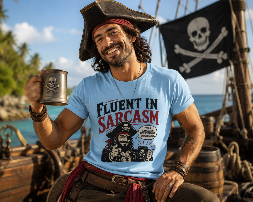 Fluent in Sarcasm Pirate Tee | Funny Pirate Skull Illustration, Sarcastic Quote Tee Shirt
