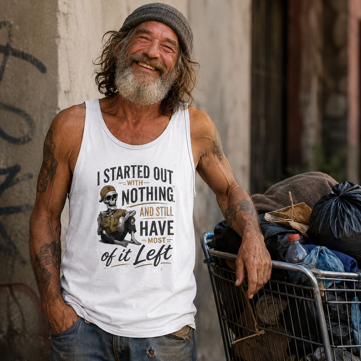 Started Out With Nothing skeleton graphic Tank Top | Funny Skull Quote