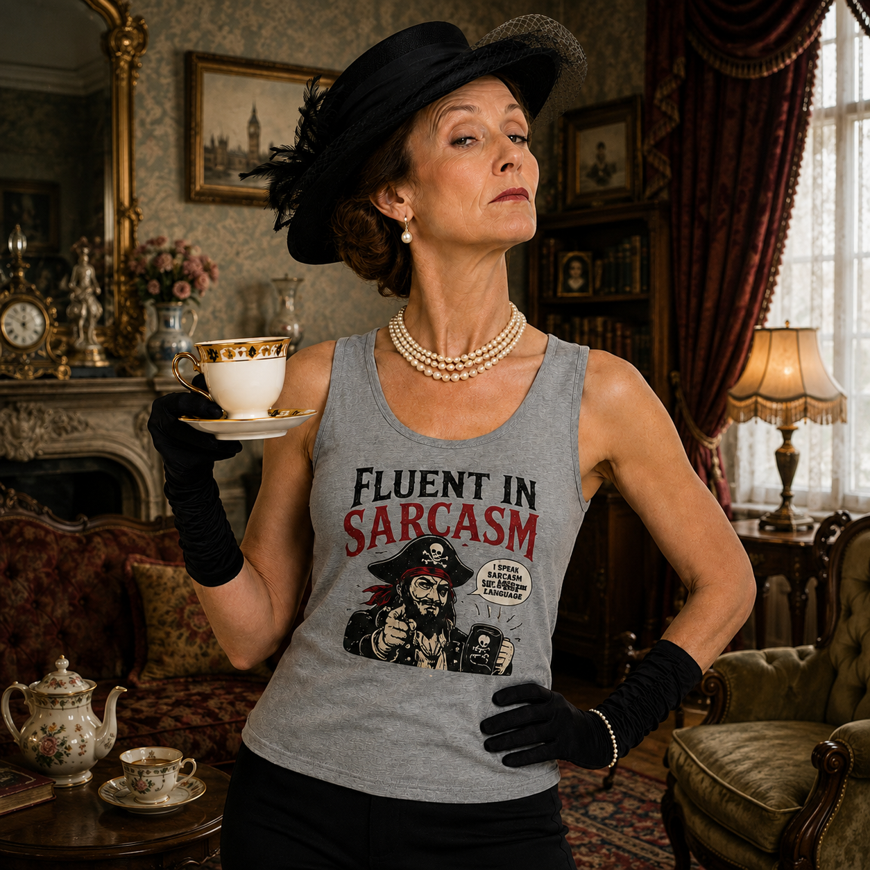Fluent in Sarcasm Tank Top | Pirate Skull Illustration, Funny Sarcastic Quote Tank Top