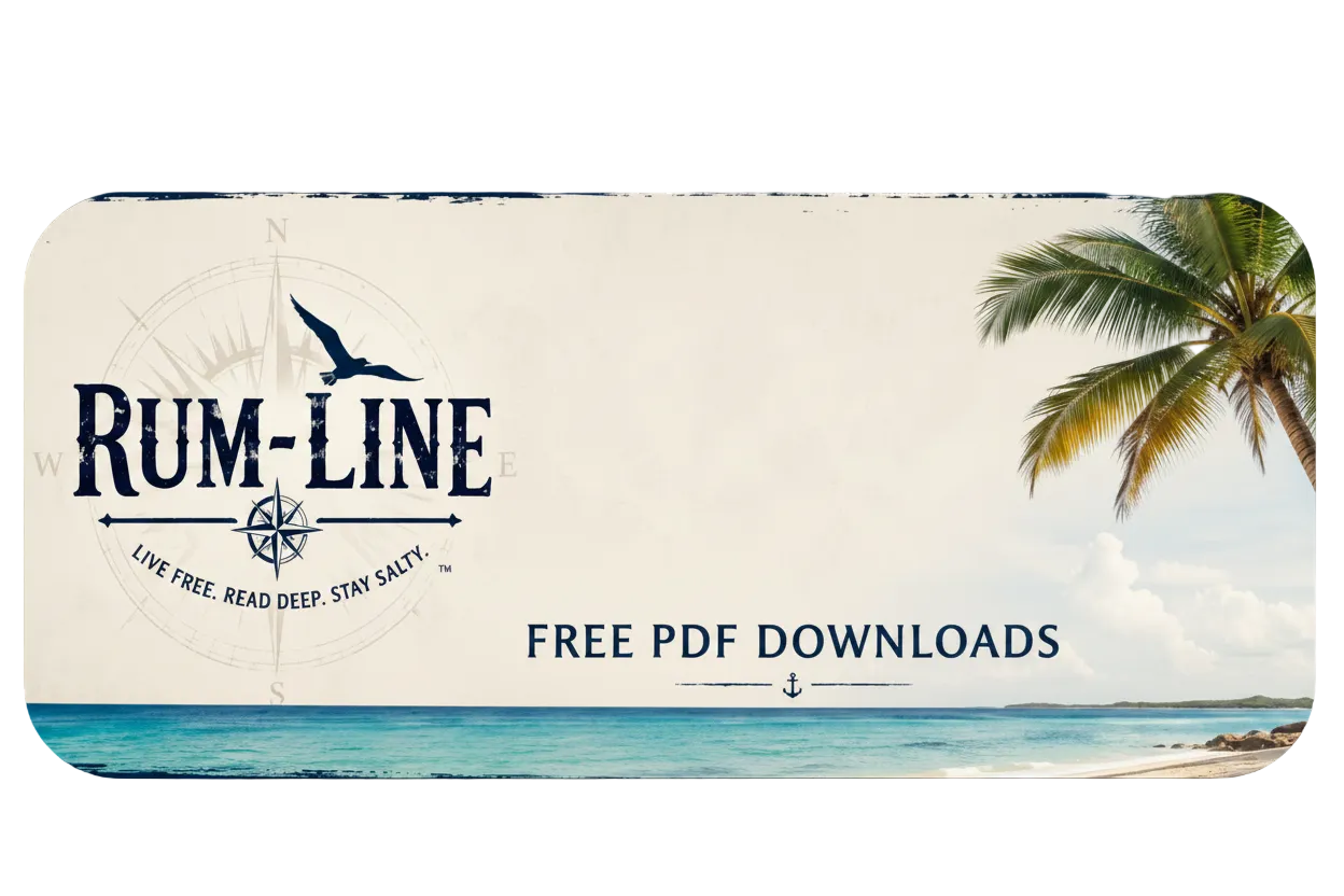 Promotional graphic for Rum-Line featuring a tropical beach scene with a palm tree, turquoise water, and a cream background. The Rum-Line logo appears on the left with a bird and compass motif, and the text 'FREE PDF DOWNLOADS' is centered below.