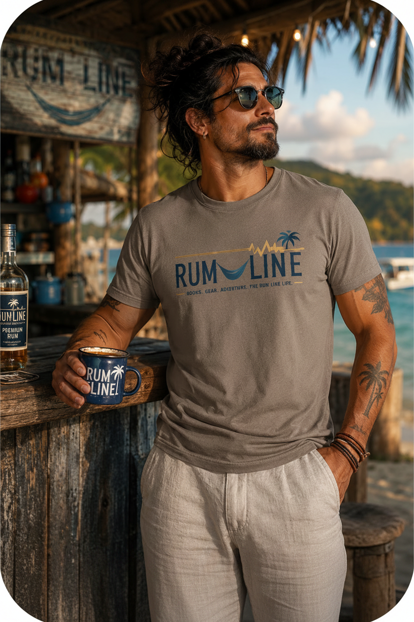 A man wearing a taupe gray t-shirt with a blue and gold 'RUM LINE' graphic stands at a beach bar holding a matching blue mug.
