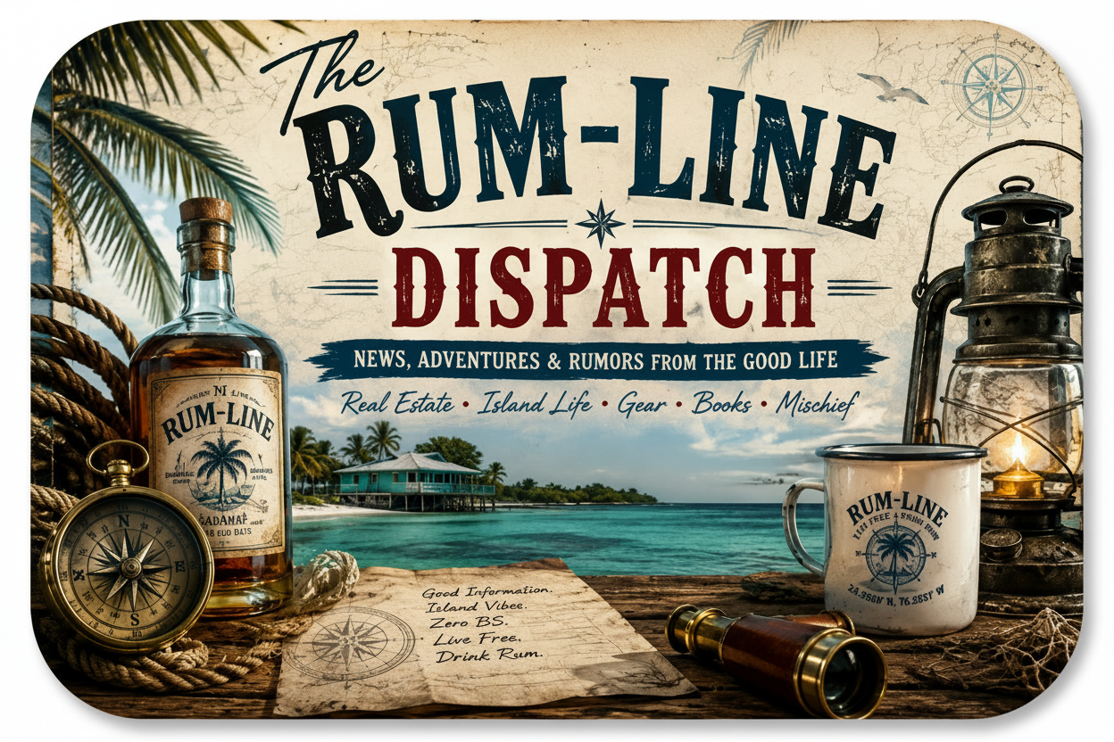 Promotional graphic for 'The Rum-Line Dispatch' featuring a vintage-style tropical beach scene with a bottle of rum, a lantern, a mug, a compass, and an open telescope on a rustic table, with large title text reading 'The Rum-Line Dispatch' and smaller tagline text.