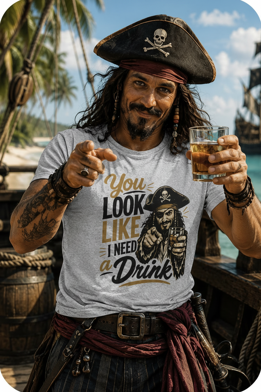 A man dressed as a pirate wearing a light gray graphic t-shirt that reads 'You LOOK LIKE I NEED a Drink' with an illustration of a pirate. He is holding a glass of amber beer and pointing at the camera, set against a background of a pirate ship and tropical beach.