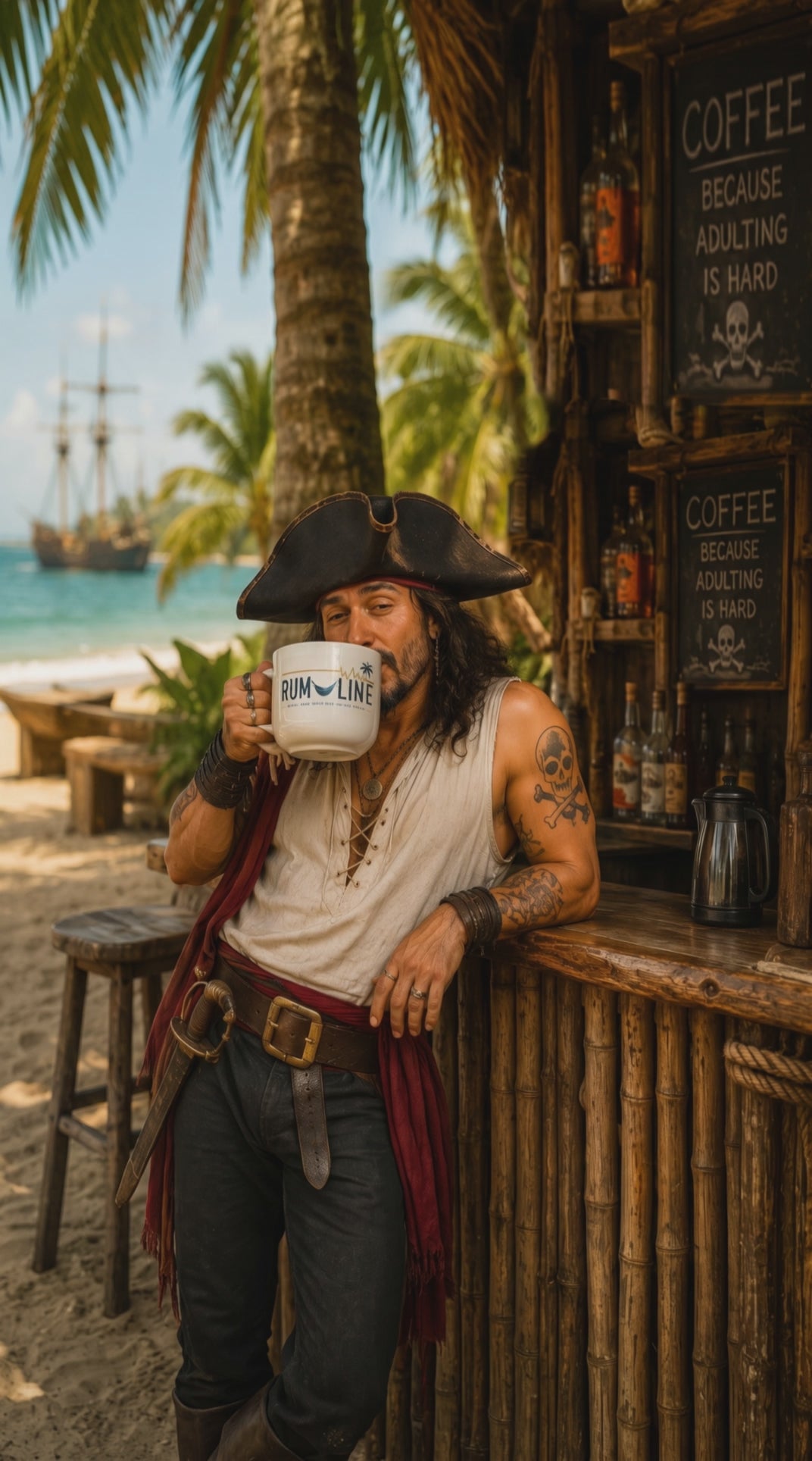 Rum-Line 25oz Ceramic Latte Mug — Tropical Palm & Hammock Coffee Cup